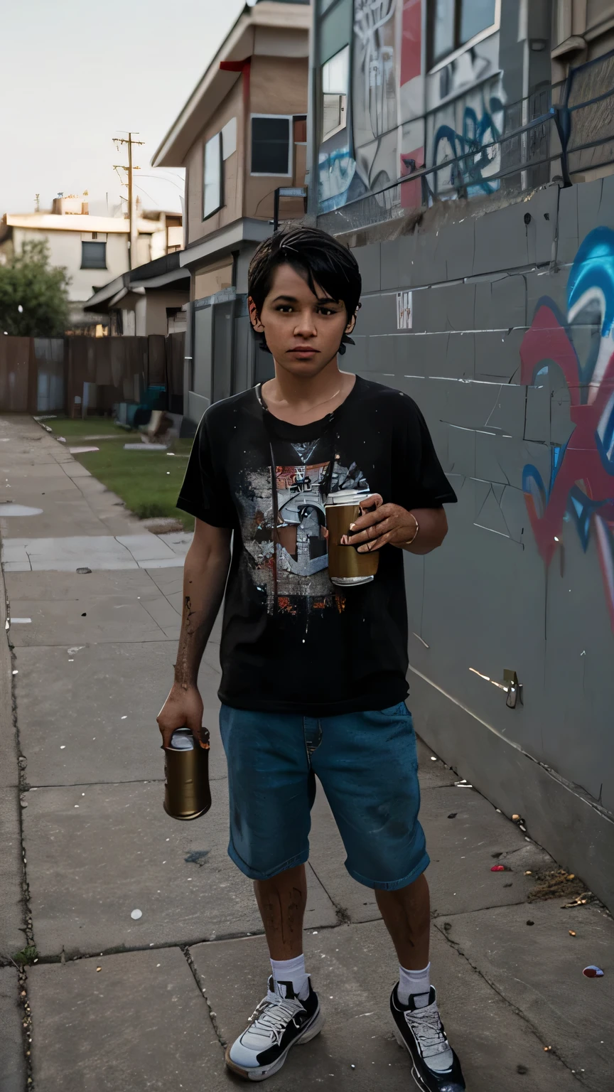Boy standing in front of a graffitied house, casual, dirty clothes, street look, very short black hair, tennis shoes, with a can of beer in his hand.