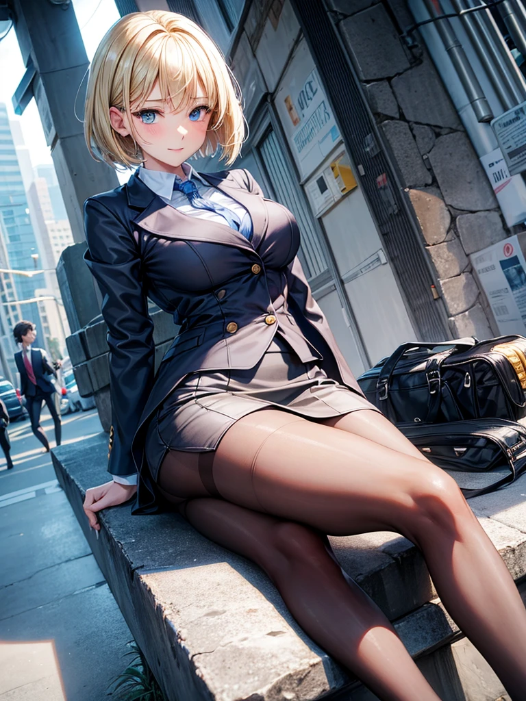 Anime style, super fine illustration, highly detailed, beautiful detailed, perfect detailed, super high quality image, static representation, gentle expression, happy expression, the pretty image, super stylish, 8k, beautiful face, handsome face, perfect 1girl with blonde straight short hair & blue eyes & a bright smile & full bust & soft fair skin is a career woman supervisor who is not to show her skin wearing big light blue business shirt & black summer tailored jacket & black tight skirt & black pantyhose on the urban business buildings street, in the morning, solo, perfect fingers, no more fingers, no less fingers, perfect arms, no more arms, perfect legs, no more legs, no more hair, masterpiece.