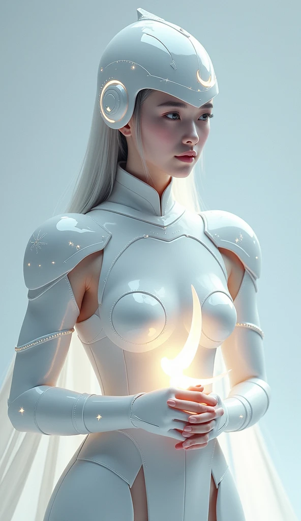 Create a 4K, hyper-realistic image of a serene yet powerful warrior from the Queen's army, posed against a light grey backdrop. This warrior wears a luminous, moon-themed armor, with pale silver and soft white tones that glow faintly in the light. The armor is adorned with crescent moon symbols and small, embedded crystals that resemble stars. Her helmet is elegant, with a crescent moon design on the forehead, and a transparent visor that reveals her calm, focused expression. She wields a large, crescent-shaped energy blade that glows with a soft, bluish light. Highlight the serene, ethereal quality of the armor, the moonlight-inspired design, and the warrior's graceful yet powerful stance