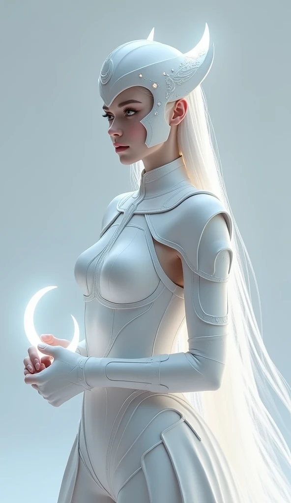 Create a 4K, hyper-realistic image of a serene yet powerful warrior from the Queen's army, posed against a light grey backdrop. This warrior wears a luminous, moon-themed armor, with pale silver and soft white tones that glow faintly in the light. The armor is adorned with crescent moon symbols and small, embedded crystals that resemble stars. Her helmet is elegant, with a crescent moon design on the forehead, and a transparent visor that reveals her calm, focused expression. She wields a large, crescent-shaped energy blade that glows with a soft, bluish light. Highlight the serene, ethereal quality of the armor, the moonlight-inspired design, and the warrior's graceful yet powerful stance