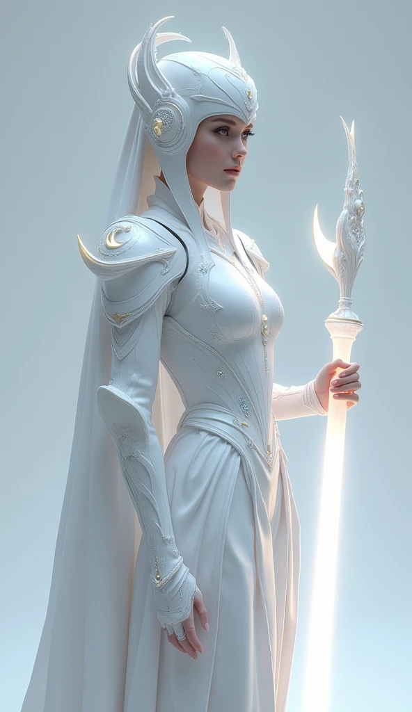 Create a 4K, hyper-realistic image of a serene yet powerful warrior from the Queen's army, posed against a light grey backdrop. This warrior wears a luminous, moon-themed armor, with pale silver and soft white tones that glow faintly in the light. The armor is adorned with crescent moon symbols and small, embedded crystals that resemble stars. Her helmet is elegant, with a crescent moon design on the forehead, and a transparent visor that reveals her calm, focused expression. She wields a large, crescent-shaped energy blade that glows with a soft, bluish light. Highlight the serene, ethereal quality of the armor, the moonlight-inspired design, and the warrior's graceful yet powerful stance