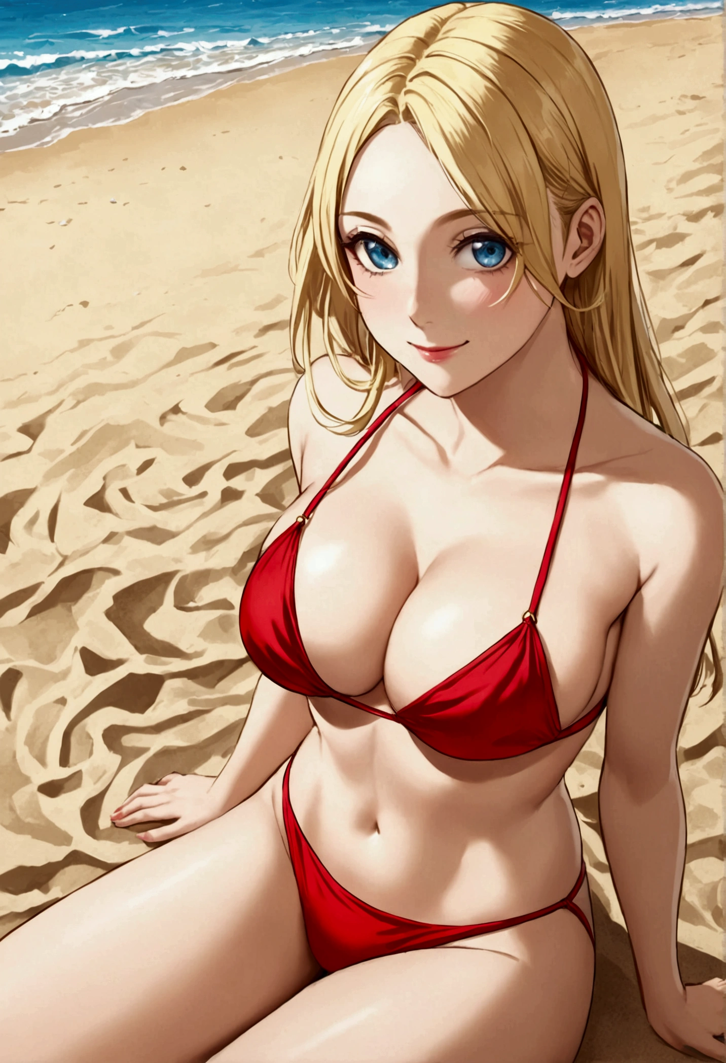 Blonde big chest, slim waist, wlman, beach, red bikini, pretty eyes, smile, sit on sand