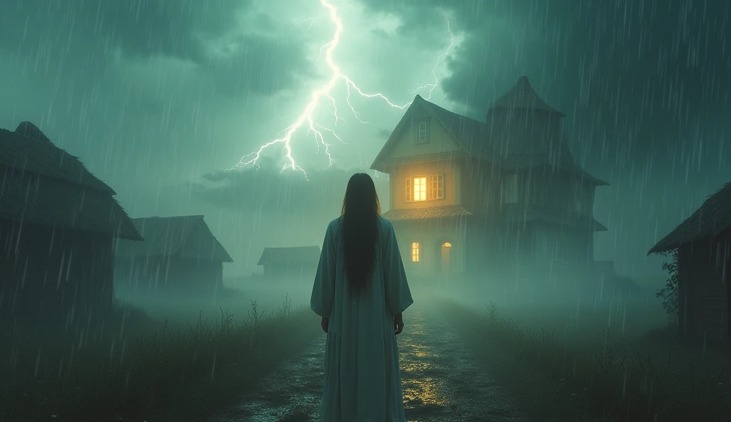 "A person standing before a home untouched by disaster, as destruction occurs around it, modern yet timeless attire, the setting is a peaceful village amidst a storm, with one house glowing with protection, the scene captures a sense of divine safeguarding, hyper-realistic, photo realism, cinematography -- ar 16:9."