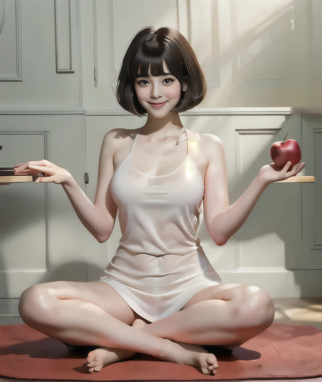 {{{Spread your hands as if holding an apple::1.8}}},{{{Blunt bangs、short hair:1.6}}}},,{{Girls sitting on a mat in a yoga pose:１８age:Double eyes::Smile}},, Sitting pose,{Tight tank top:see-through}, A gentle and loving pose of doting affection, Symmetrical pose, Full body pose, Stoic Pose,