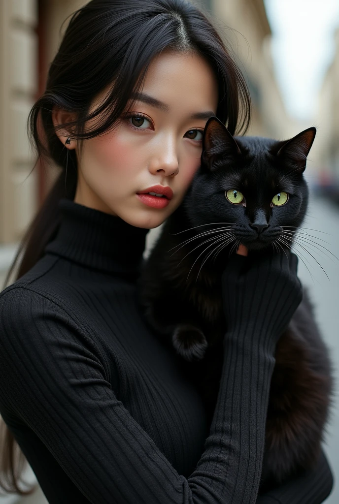 A French half, half chinese, in paris. She is wearing a skintight turtleneck sweater and her hair is dark.. She holds a black cat with green eyes, in your arms, close to your face.