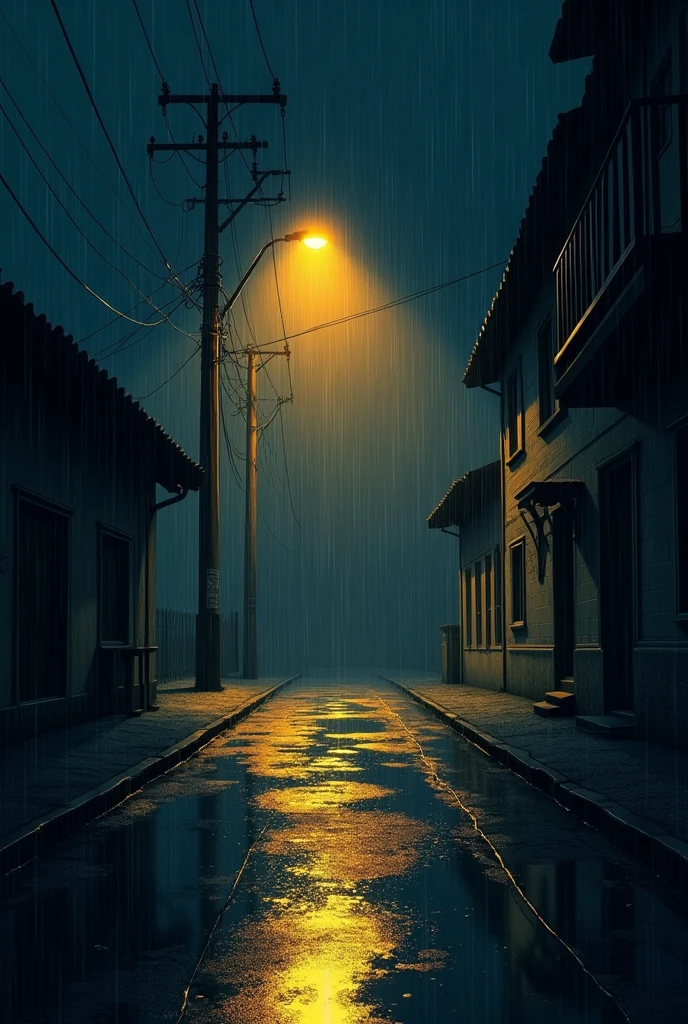 A street lamp in the dark night under the pouring rain in a graphic style. Bande dessinée 2D