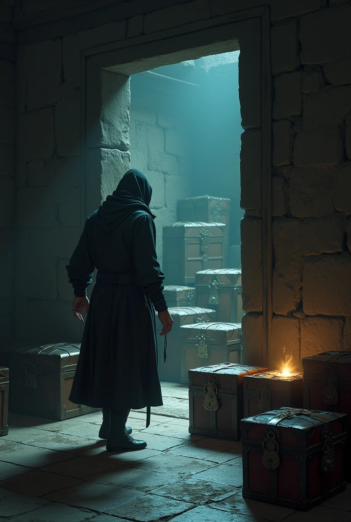 a thief entering through a door, ( show the door)  towards the room with several chests (all closed) highlighting different locks. WIDER VIEW OF CHESTS. ONLY ONE OF THE CHESTS HAS SHINE AROUND IT.