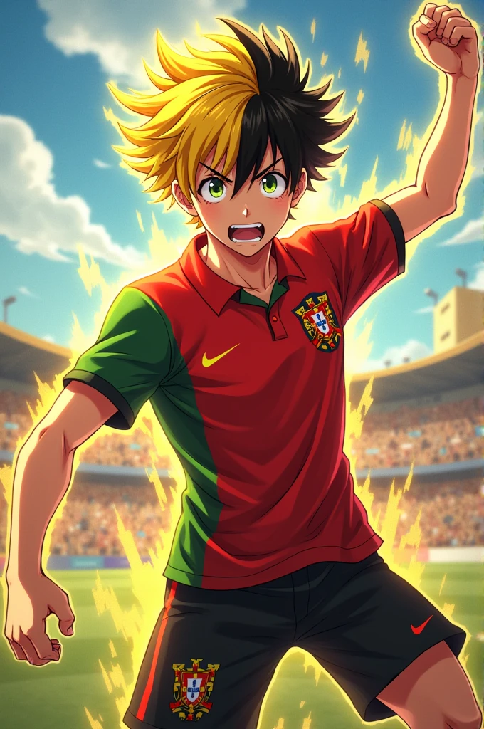 Male anime character yellow and black hair, rays around,Portugal football clothing 