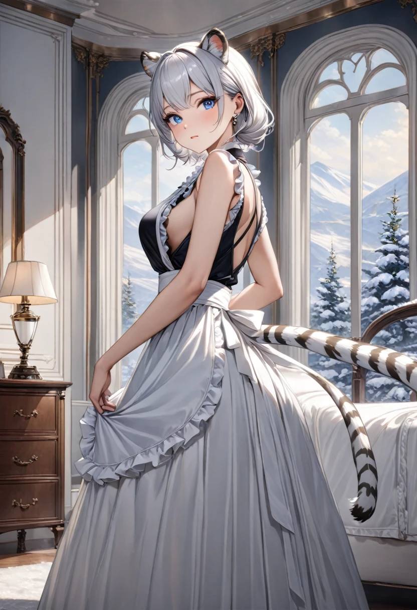 highest quality, ultra high resolution, super detailed, gorgeous, masterpiece, best quality, high resolution finely detailed, extremely beautiful, distinct image, hourglass figure, 1 girl, 2, (front-view), (side-view), soft and secy beautiful facial features, symmetrical face, slim and slender curvy body, tall height(190cm), simple sleeveless black frilly dress that clings tightly to her body, white waist apron, piercing blue eyes, innocent doe shaped eyes, well endowed E-cup breasts, tall height(190cm), athletic and flexible physiques, flowing snow-white hair, narrow waist, long legs, opulent bedroom background, snow-white skin, hip-level shot, snow-white feline tiger ears, white striped tiger tail protruding out her back, front-view,