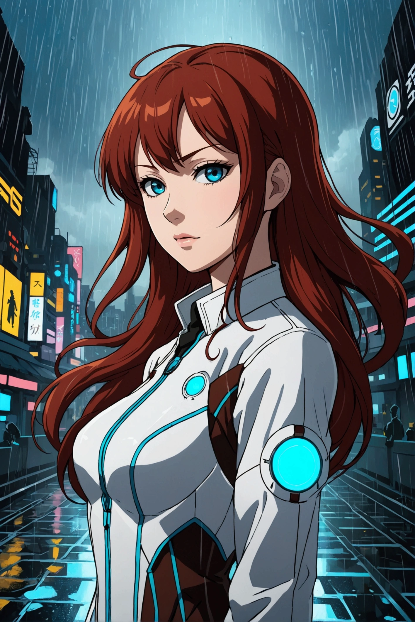 makise kurisu from steins gate anime in Tron movie style,rainy background