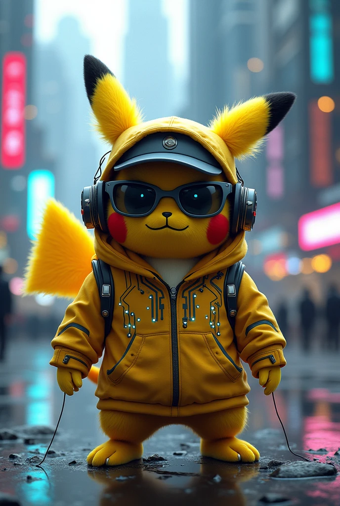 A programmed pikachu, with glasses, cap and sweatshirt