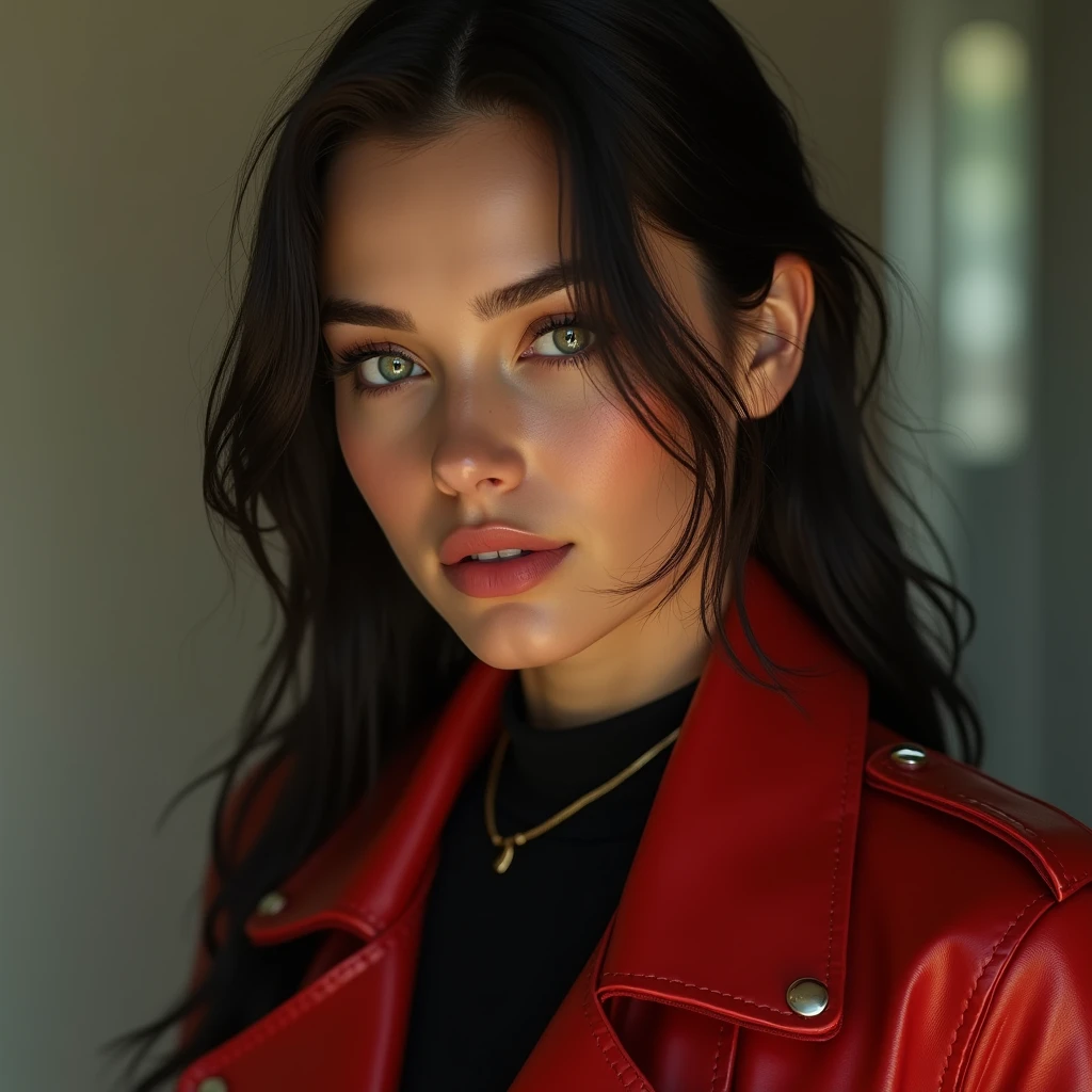 A hyper-realistic three-quarter view in 8K of a beautiful green-eyed woman with long hair, which are shaved on the side, deep porcelain skin. Looking straight ahead, She wears a red leather jacket. Soft lighting. Few details,