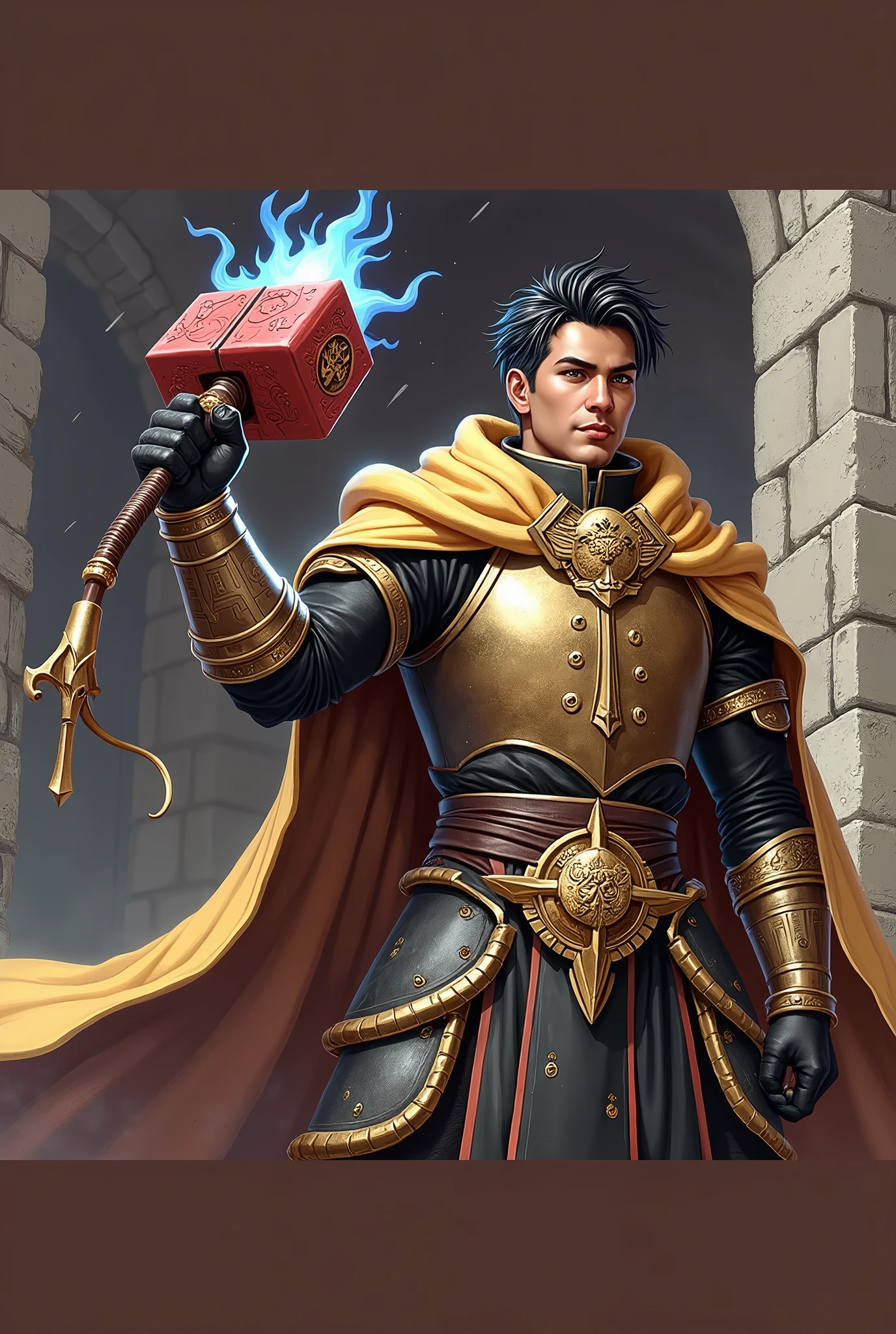 Create a character named Hiro Higure. He is a paladin from dnd. He has an emblem that is composed of gold flames shaped like a dragon which is on his bronze-colored shield. Hiro has short and spiked black hair, obsidian eyes, and ebony skin. He has black armor with gold trimming and has a scarlet warhammer with blue radiant cracks the top of the hammer. Hiro also has a golden cape with the same emblem as the shield as well. He also has a heroic smile. Draw him in the style of Baldur’s Gate 3.