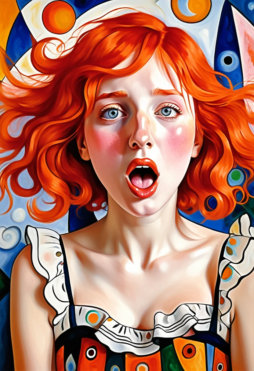 (embarrassed), red hair, orange hair, WeriArt Style, 1girl, blush, upper body, highly detailed eyes, hires, collarbone, frilled dress, open mouth ((The glitch effect)) ((Marc Chagall style)), magic naive art, primitivism, protogen, ((best quality, Masterpiece)), ((Highest detail)), RAW:1,1, 8k