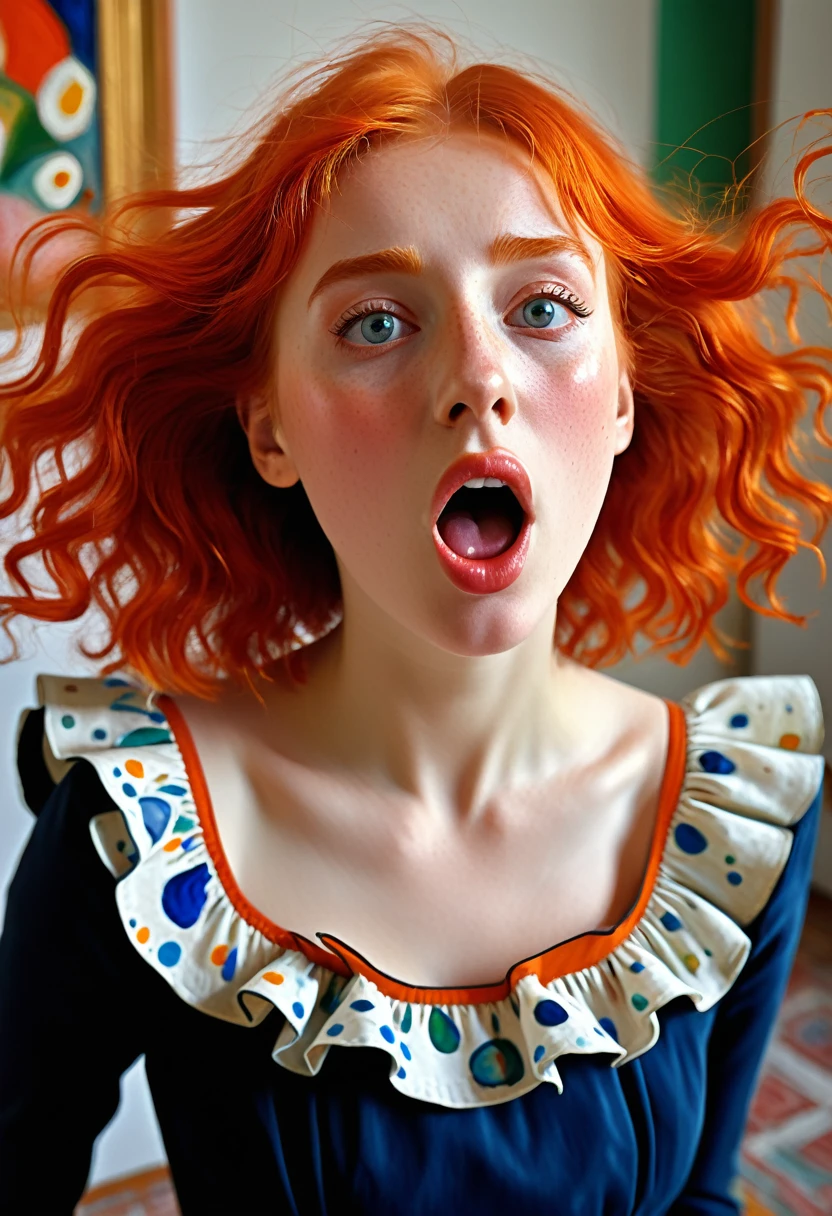 (embarrassed), red hair, orange hair, WeriArt Style, 1girl, blush, upper body, highly detailed eyes, hires, collarbone, frilled dress, open mouth ((The glitch effect)) ((Marc Chagall style)), magic naive art, primitivism, protogen, ((best quality, Masterpiece)), ((Highest detail)), RAW:1,1, 8k