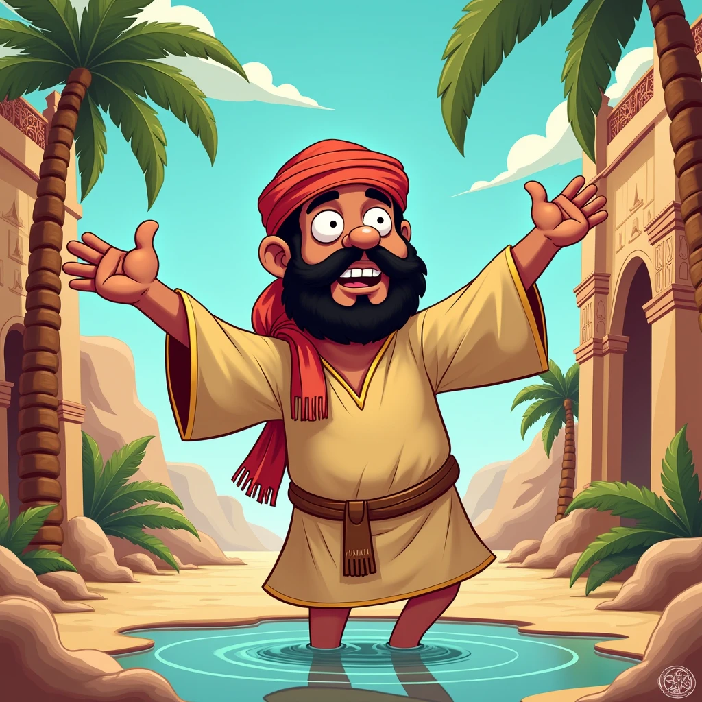 A cartoon character, standing in T-pose, arabian, the family guy drowning style