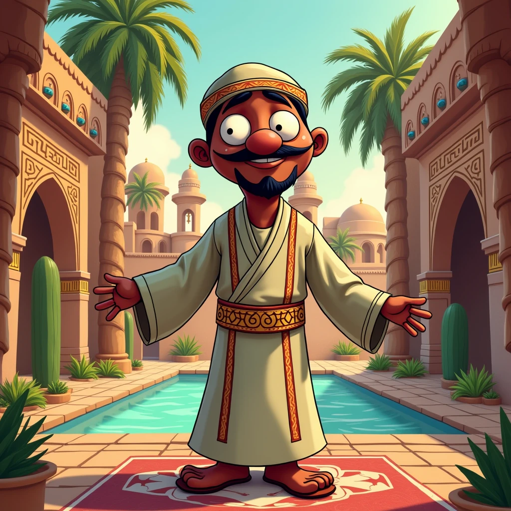 A cartoon character, standing in T-pose, arabian, the family guy drowning style