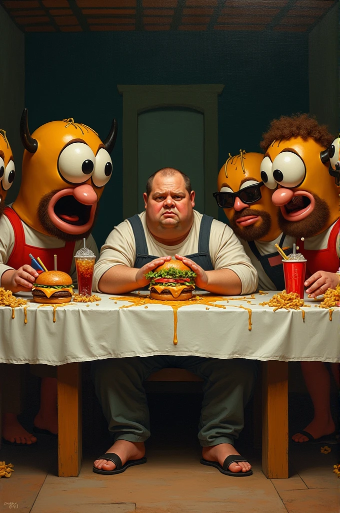 Concept: A reimagining of Da Vinci's "The Last Supper" with the apostles replaced by various fast food mascots, and the table filled with greasy, oversized burgers, fries, and soda. The central figure is an overweight man in casual clothing, looking dazed and overwhelmed.