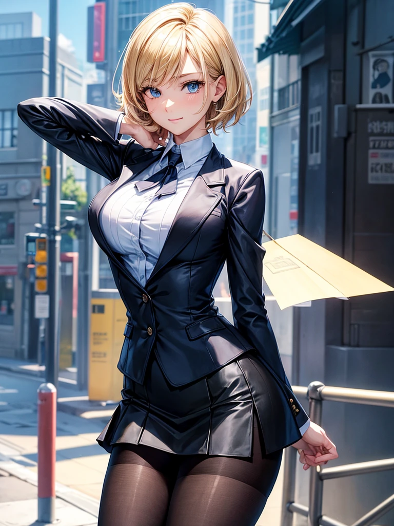 Anime style, super fine illustration, highly detailed, beautiful detailed, perfect detailed, super high quality image, static representation, gentle expression, happy expression, the pretty image, super stylish, 8k, beautiful face, handsome face, perfect 1girl with blonde straight short hair & blue eyes & a bright smile & full bust & soft fair skin is a career woman supervisor who is not to show her skin wearing big light blue business shirt & black summer tailored jacket & black tight skirt & black pantyhose on the urban business buildings street, in the morning, solo, perfect fingers, no more fingers, no less fingers, perfect arms, no more arms, perfect legs, no more legs, no more hair, masterpiece.