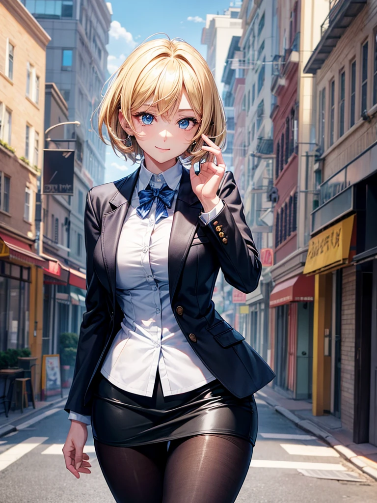 Anime style, super fine illustration, highly detailed, beautiful detailed, perfect detailed, super high quality image, static representation, gentle expression, happy expression, the pretty image, super stylish, 8k, beautiful face, handsome face, perfect 1girl with blonde straight short hair & blue eyes & a bright smile & full bust & soft fair skin is a career woman supervisor who is not to show her skin wearing big light blue business shirt & black summer tailored jacket & black tight skirt & black pantyhose on the urban business buildings street, in the morning, solo, perfect fingers, no more fingers, no less fingers, perfect arms, no more arms, perfect legs, no more legs, no more hair, masterpiece.
