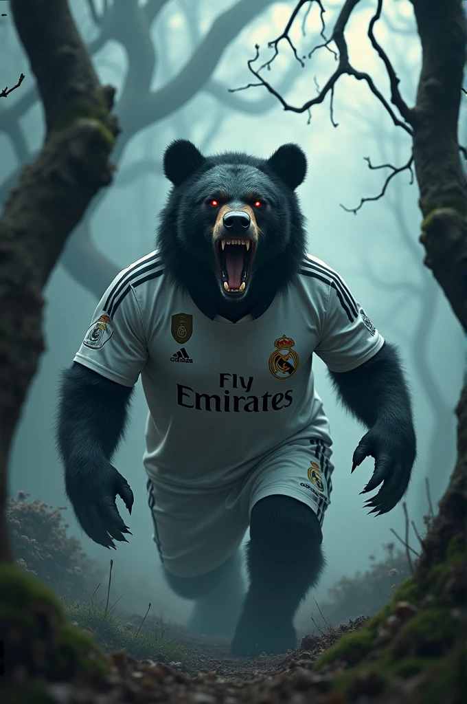 A very terrifying forest where on a tree there is the logo of the UEFA Champions League and also a furious black bear with the Real Madrid shirt in horror mode 