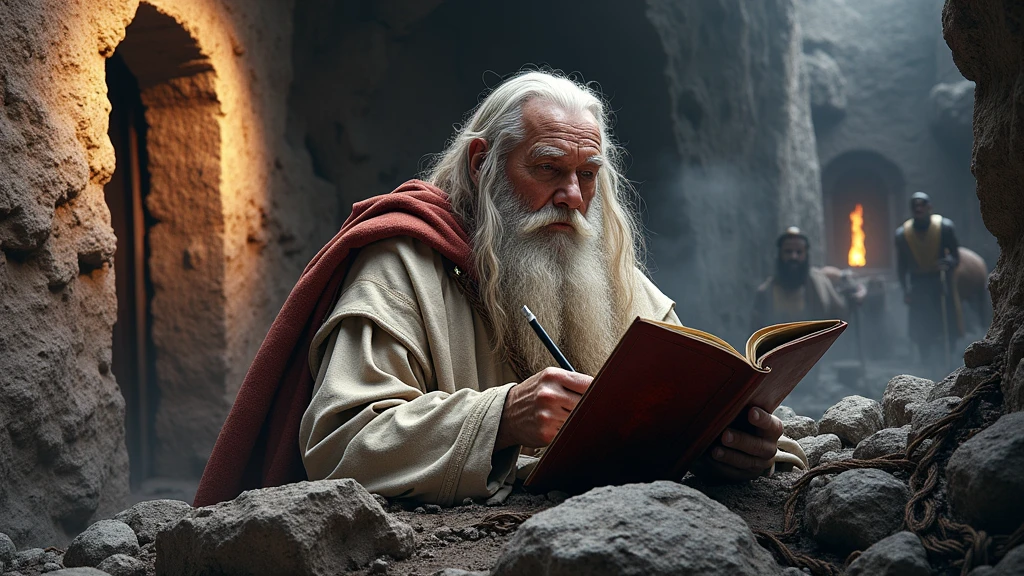 A captivating and beautiful cinematic scene, the year is 2000 BC, an elderly man of Hebrew descent, his name is John, apostle of Jesus Christ, clothes is a tunic from the time of the Roman Empire, the man is 7, long white hair, big, well-groomed white beard, is imprisoned in a Roman prison inside a cell inside a rock only a small window with rays of the sun vivid ,where chained with ropes, is condemned inside the coal mine, is just writing on a beautiful red leather parchment , your clothes torn and dirty, a Roman centurion escorts the condemned man outside his cell, the prison is lit by torches, the island of Patmos Rocky.
