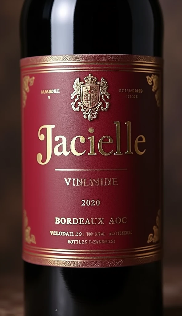 Design an elegant and sophisticated wine label for a premium red wine called 'Jacielle'. The label should feature the name 'Jacielle' in a classic serif font, prominently displayed in the center. The background should be a deep crimson color, reflecting the rich hue of the wine. Above the name, include a gold-embossed crest or emblem that symbolizes the vineyard's heritage. Below the name, include the vintage year '2020' in a smaller, refined font. The denomination 'Bordeaux AOC' should be placed on the right side, indicating the wine’s origin. At the bottom, there should be a section for the alcohol content '14% ABV' and the volume '750ml'. The sides of the label should feature subtle grapevine patterns embossed in gold, adding a touch of luxury. The label should also include a small note at the bottom with the information 'Contains Sulfites' and 'Bottled at the Estate'. The overall color scheme should be rich, using deep reds, gold, and cream tones to evoke a sense of tradition and quality