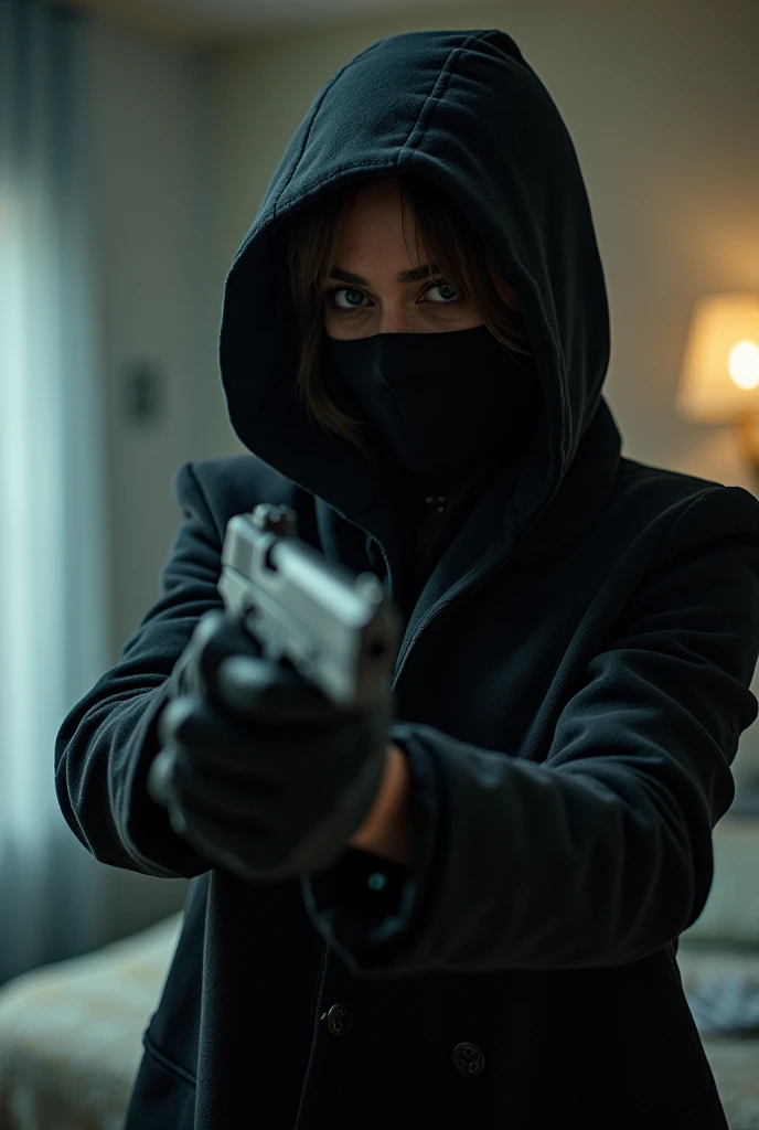 Scarlett Johnson qui porte une cagoule et qui porte des gants avec un pistolet et quei fait un braquage dans une chambre elle ressemble les objets de valeur une femme qeul tue