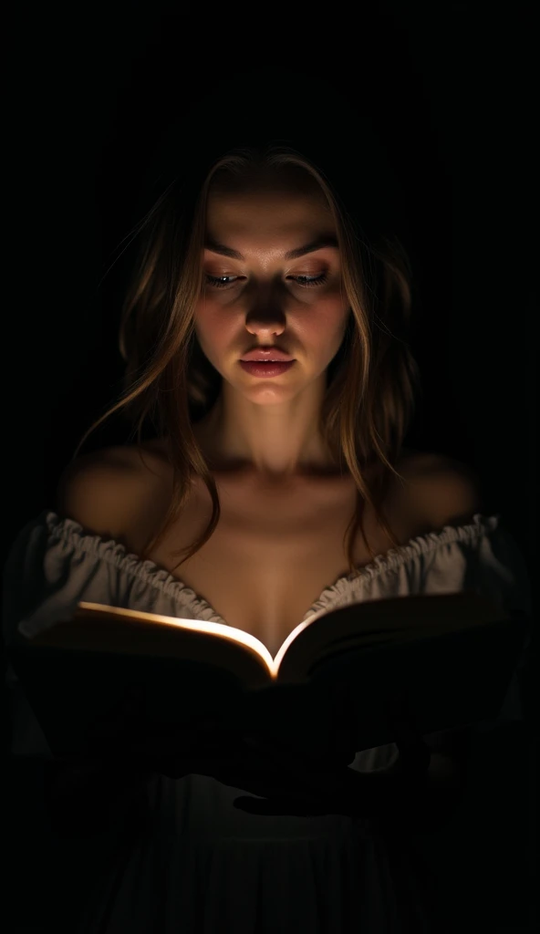 Woman reading a book in pitch darkness