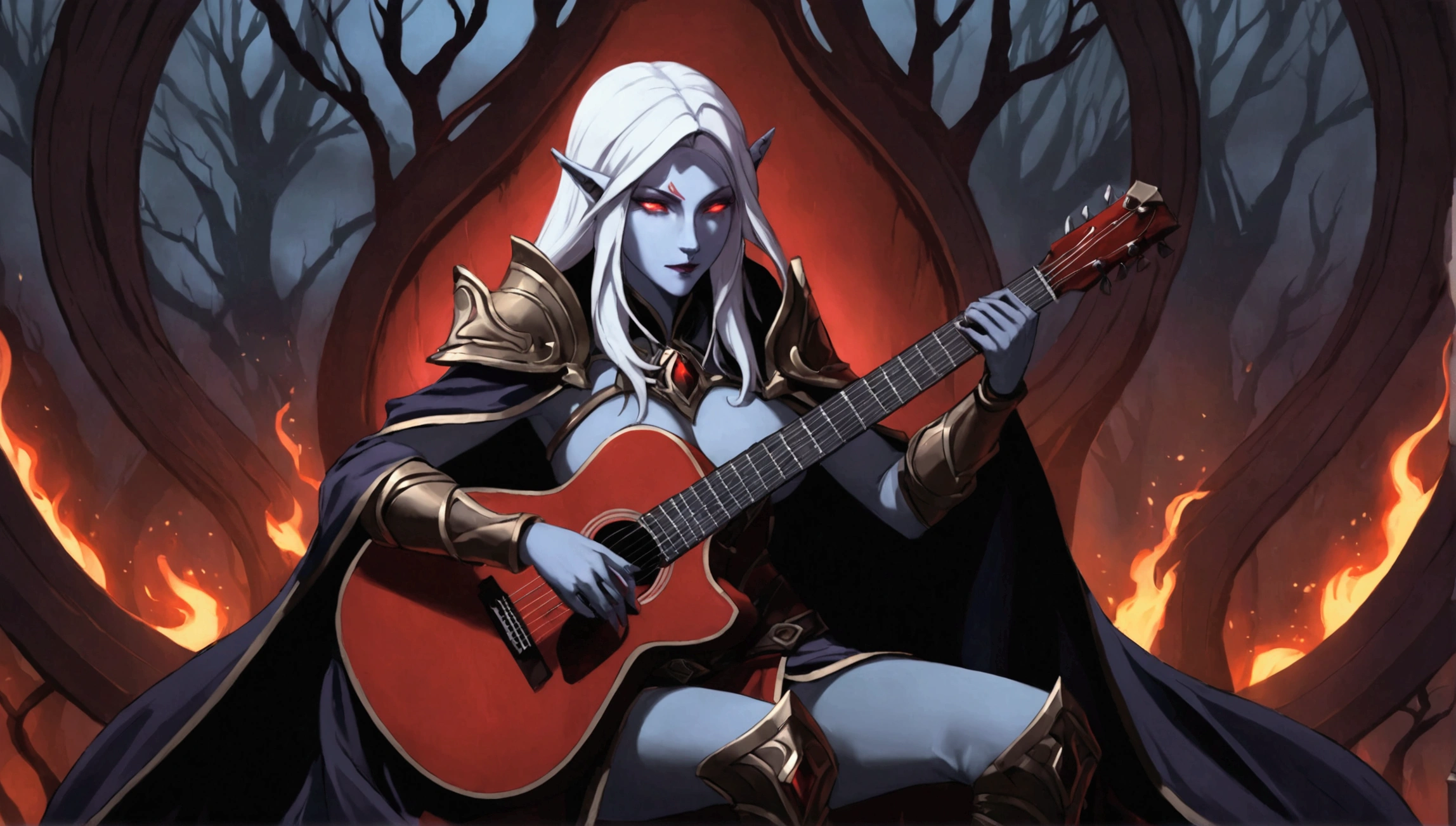 Sylvanas Windrunner, the legendary leader of the Forsaken, sits on a dark wooden throne, surrounded by an aura of mystery and magic. In her hands, she holds a vibrant red guitar, its strings seemingly pulsing with unearthly energy. Her eyes, burning with an otherworldly intensity, stare directly at the viewer, as if daring them to come closer. Her long, white hair falls over her shoulders, framing her pale, ethereal face. Her lips, painted a deep red, curve in an enigmatic smile, as if guarding secrets known only to her. The guitar, which appears to have been created by magical hands, emits an intense red light that illuminates the environment around it. The strings vibrate with an energy that seems almost palpable, as if they are alive and responding to Sylvanas’ touch. In the background, a dark and mysterious mist spreads, as if the night itself is closing in around Sylvanas. The atmosphere is charged with tension and anticipation, as if something is about to happen. The image is a mix of shadows and light, of mystery and magic, capturing the essence of Sylvanas Windrunner as an enigmatic and powerful creature.