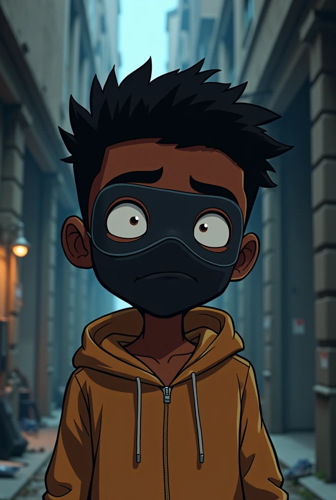 An animated black boy with a mask trying to get by living by himself