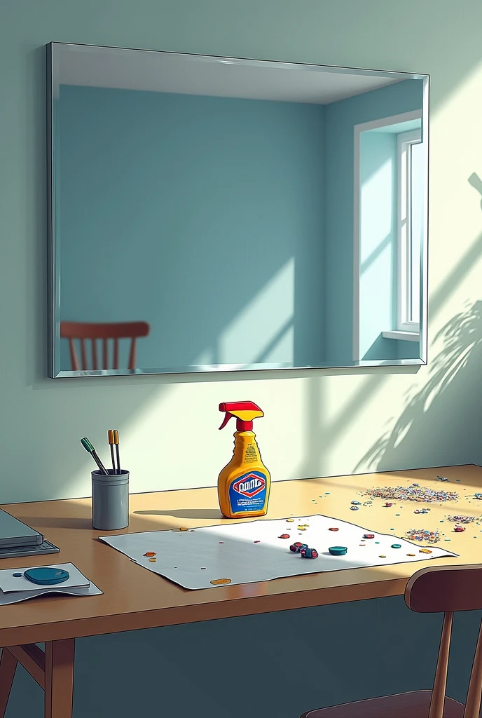 Create a digital artwork that depicts a paradoxical scene highlighting the effectiveness of Clorox. The setting is a modern, well-lit room with a large, frameless mirror hanging on the wall. Directly in front of the mirror is a table. In the mirror’s reflection, the table appears perfectly clean, with a spotless surface, neatly arranged objects, and a sense of order. However, when viewing the table outside the mirror’s reflection, it is visibly dirty and chaotic, with noticeable dust, smudges, and disorganized items like spilled liquids, crumbs, and scattered papers.
A bottle of Clorox is placed on the table next to the mirror, clearly visible in both the reflection and in reality. The contrast between the clean, polished table in the mirror and the dirty, messy table in real life should be striking. The lighting should emphasize this difference, making the clean reflection bright and inviting, while the real scene outside the mirror is duller and less appealing. The artwork should suggest that the cleanliness seen in the mirror is a result of Clorox, even though the actual table remains uncleaned.