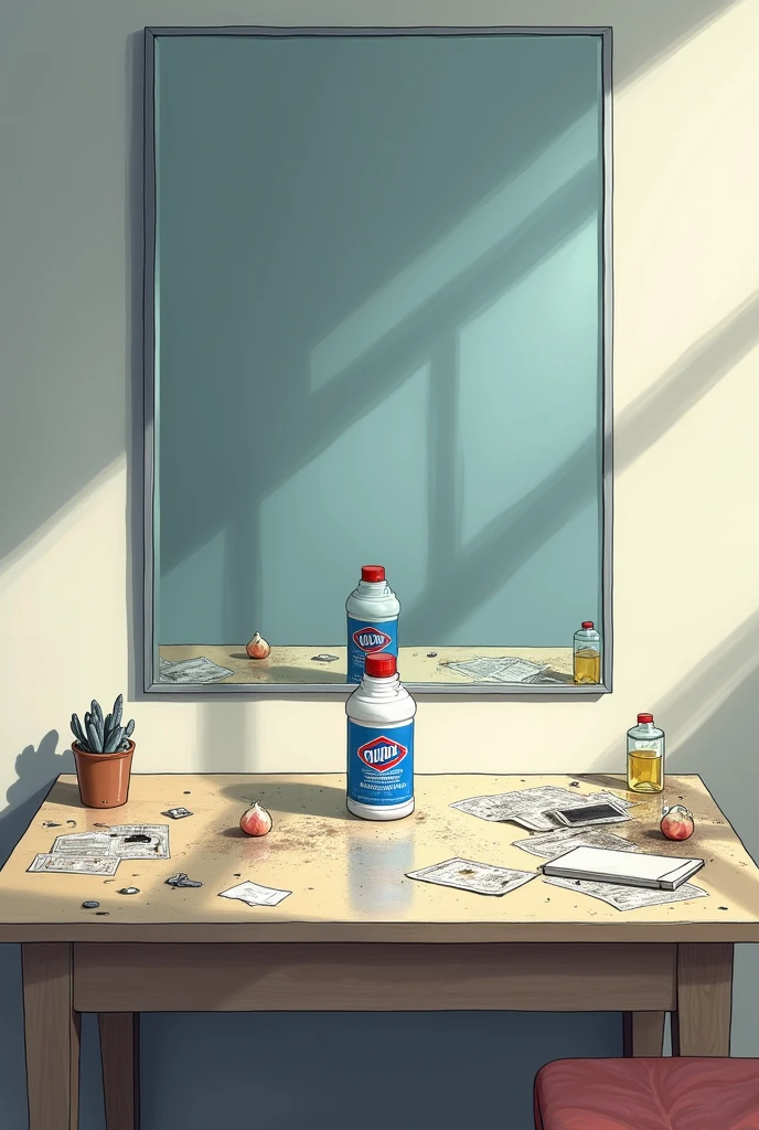 Create a digital artwork that depicts a paradoxical scene highlighting the effectiveness of Clorox. The setting is a modern, well-lit room with a large, frameless mirror hanging on the wall. Directly in front of the mirror is a table. In the mirror’s reflection, the table appears perfectly clean, with a spotless surface, neatly arranged objects, and a sense of order. However, when viewing the table outside the mirror’s reflection, it is visibly dirty and chaotic, with noticeable dust, smudges, and disorganized items like spilled liquids, crumbs, and scattered papers.

A bottle of Clorox is placed on the table next to the mirror, clearly visible in both the reflection and in reality. The contrast between the clean, polished table in the mirror and the dirty, messy table in real life should be striking. The lighting should emphasize this difference, making the clean reflection bright and inviting, while the real scene outside the mirror is duller and less appealing. The artwork should suggest that the cleanliness seen in the mirror is a result of Clorox, even though the actual table remains uncleaned.