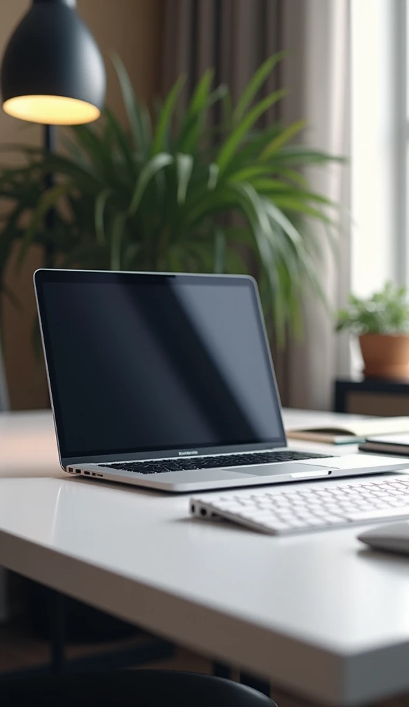 A laptop placed on a desk. 