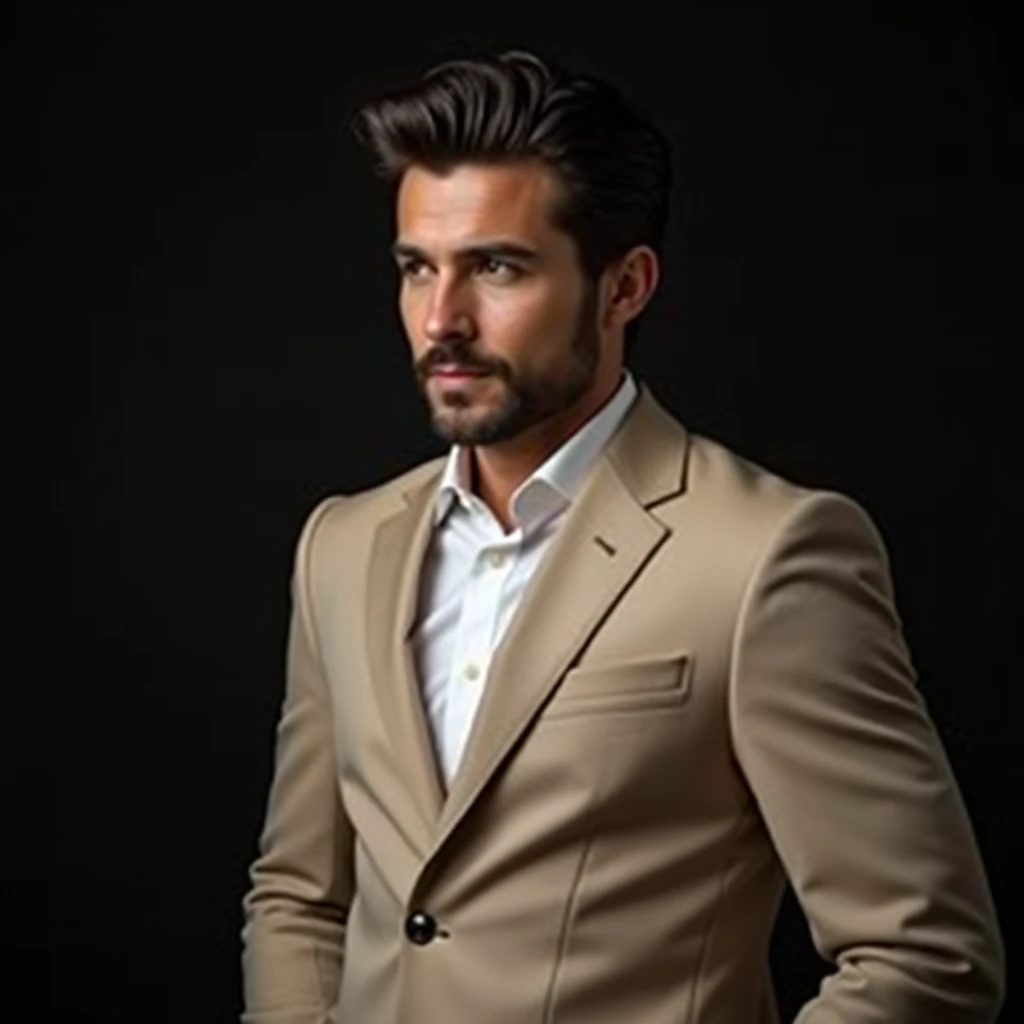 Photography studio, natural lights on the subject, dark background, blurred background, portrait of man in beige suit looking to the side, combing her hair slick back hair, subtle beard , elegance, professional pose,