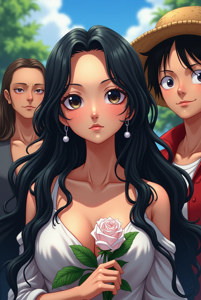 Luffy&#39;s twin sister from the onepiece anime. He has long black hair a little wavy with a white rose Put luffy, Ace and Sabo next to her.