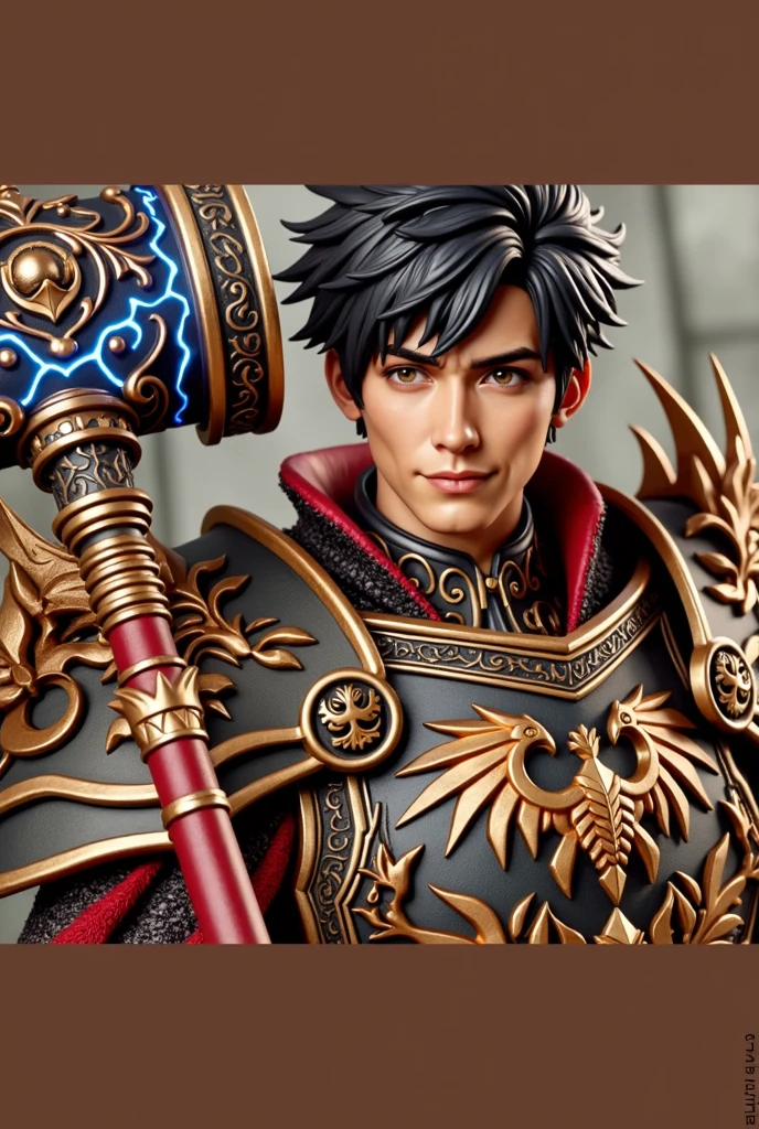 Create a character named Hiro Higure. He is a paladin from dnd. He has an emblem that is composed of gold flames shaped like a dragon which is on his bronze-colored shield. Hiro has short and spiked black hair, obsidian eyes, and ebony skin. He has black armor with gold trimming and has a scarlet warhammer with blue radiant cracks the top of the hammer. Hiro also has a golden cape with the same emblem as the shield as well. He also has a heroic smile. Draw him in the style of Baldur’s Gate 3.
