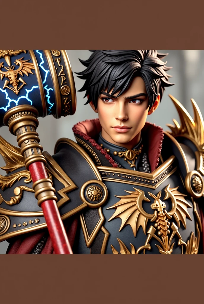 Create a character named Hiro Higure. He is a paladin from dnd. He has an emblem that is composed of gold flames shaped like a dragon which is on his bronze-colored shield. Hiro has short and spiked black hair, obsidian eyes, and ebony skin. He has black armor with gold trimming and has a scarlet warhammer with blue radiant cracks the top of the hammer. Hiro also has a golden cape with the same emblem as the shield as well. He also has a heroic smile. Draw him in the style of Baldur’s Gate 3.