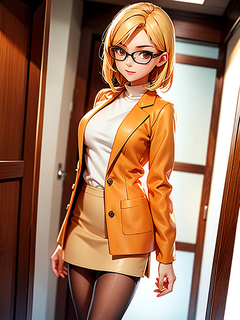 ONE Girl in the frame, elegant, short, A slim body. Looks quite young, for about 20 years. Wearing beige high boots, brown skirt, orange sweater and white lab coat, dark nude tights. medium length hair, blonde. wear glasses.