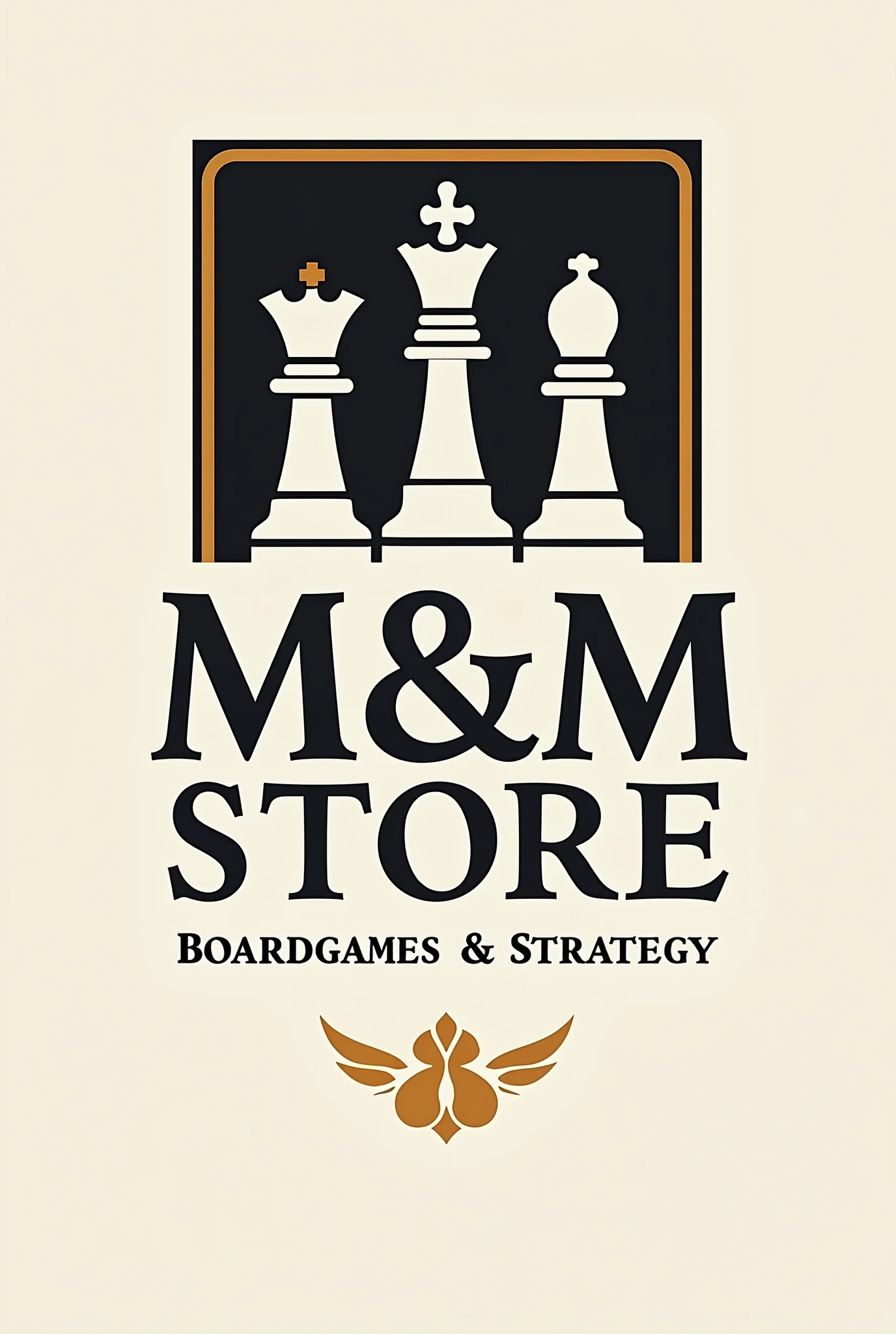 Design a logo for 'M&M Store,' a specialty board game shop. The logo should reflect the fun, strategy, and community aspects of board gaming. Consider the following concepts:

Classic and Strategic: Incorporate elements like chess pieces (e.g., knight or rook) and use a sophisticated color palette of black, gold, and white. The typography should be serif and evoke a traditional, trusted feel. The logo should feel elegant and refined.

For all versions, ensure the text 'M&M Store' is prominent, with an optional tagline 'Boardgames & Strategy' or 'Fun & Games for Everyone' depending on the theme. The logo should work well in both digital and print formats.