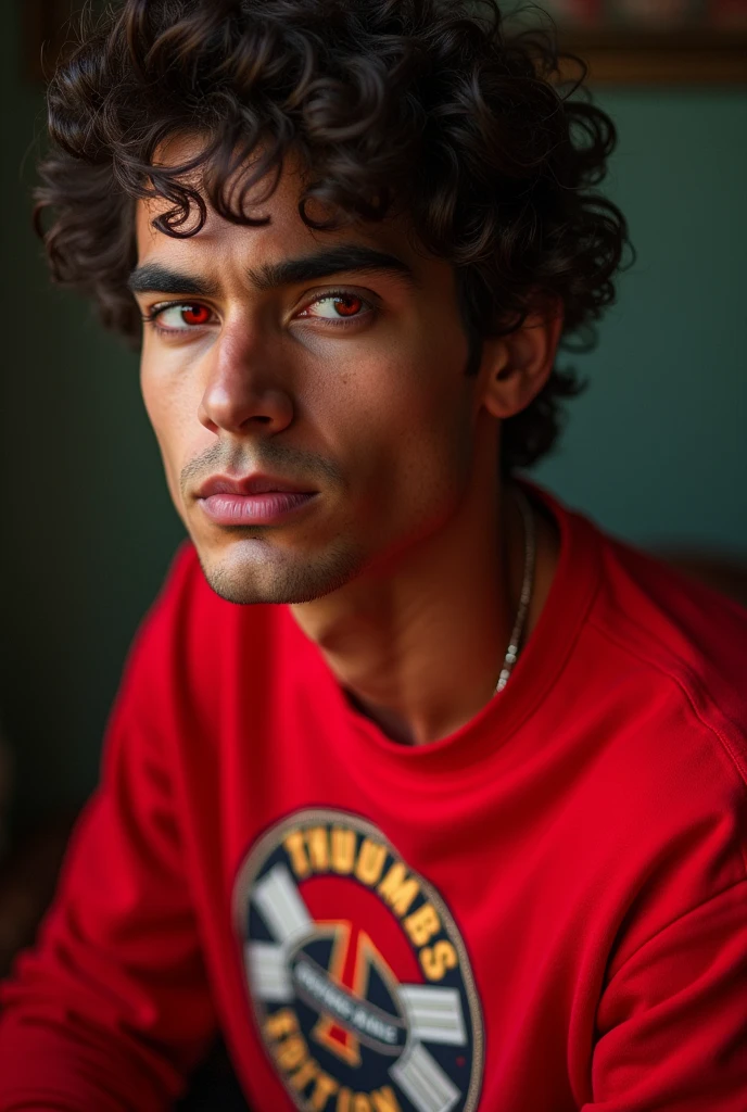 Man with dark brown hair, red eyes, brown skin, red sweatshirt with a logo in the background that says THUMBS EDITION