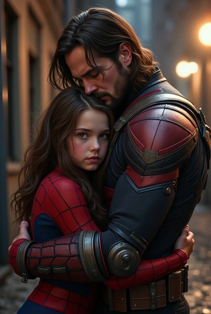 bucky barnes hugging age girl with brown hair and brown green eyes in Spiderman costume