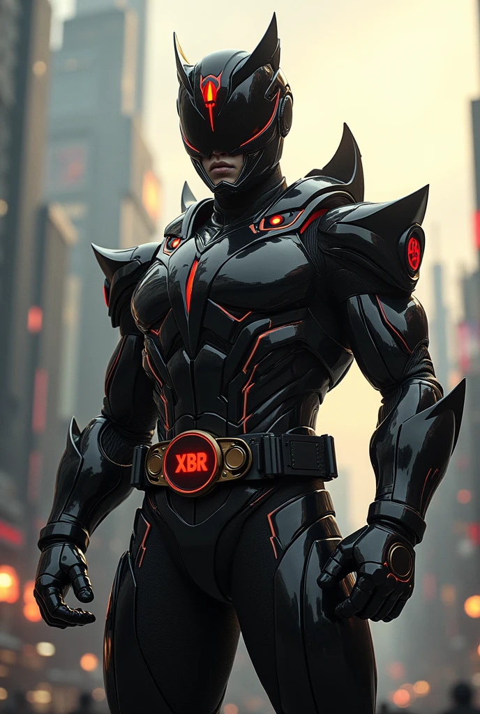 Make a black power ranger with the acronym XBR on the belt
