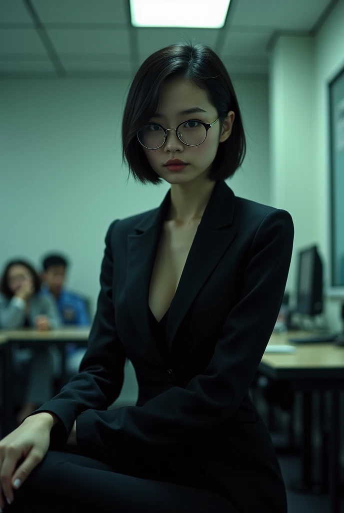 (Realistic) Realistic image (Asian woman), (Slim figure), (short hair), (White skin), (Dark Eyes), wearing (Black suit), sitting in Police Department with a (Serious face), (Wear glasses), capture (Kodak color film style), Featured (Rough texture), Picturesque (Police Department) Under dramatic lighting, Atmospheric, Vibrant colors, Natural light, Emotional atmosphere,No makeup