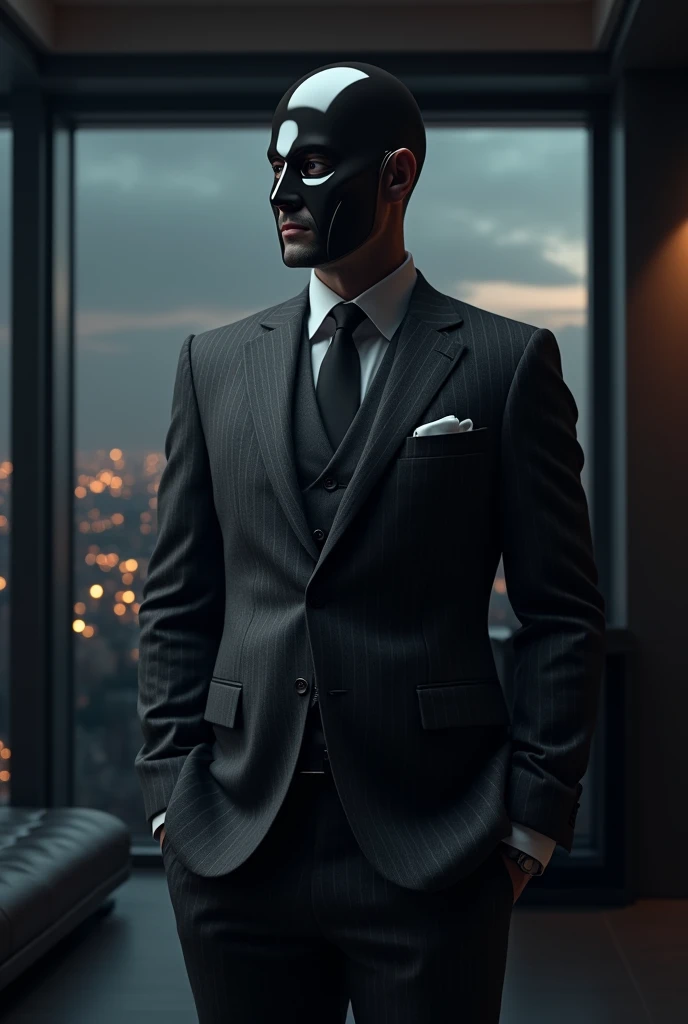 Create an image of a man wearing an expensive suit, with his face covered by a mysterious mask.