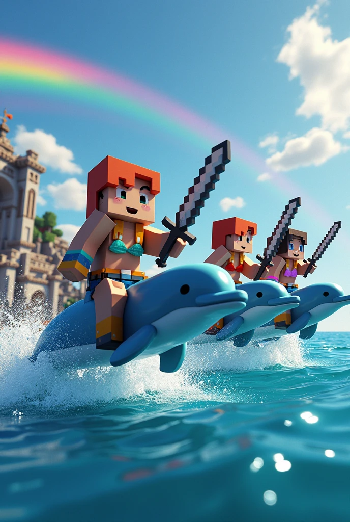 Create a Minecraft-style image showing a sea full of jumping dolphins. About each dolphin, place Minecraft characters wearing full enchanted netherite armor. Be sure to include several vibrant rainbows in the sky, filling the scene with color. The background must be a Minecraft landscape depicting a marine environment. Each character must hold a sword, And also, Each one must have a skin that represents a famous person. But that character should be riding dolphins but with more rainbows but in a marine temple and with more color and with each character having a penis in their hand and with the characters in bathing suits