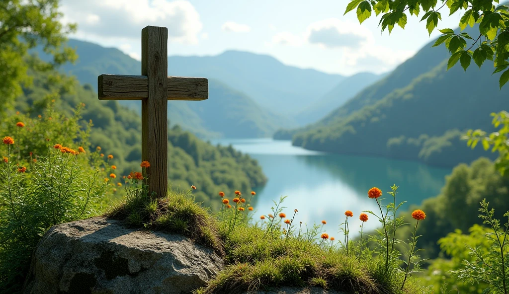 make image of plant geography romania mainly capital area, in the summer, with an idea of faith, add a wooden cross to all images, high environments with a beautiful lake.