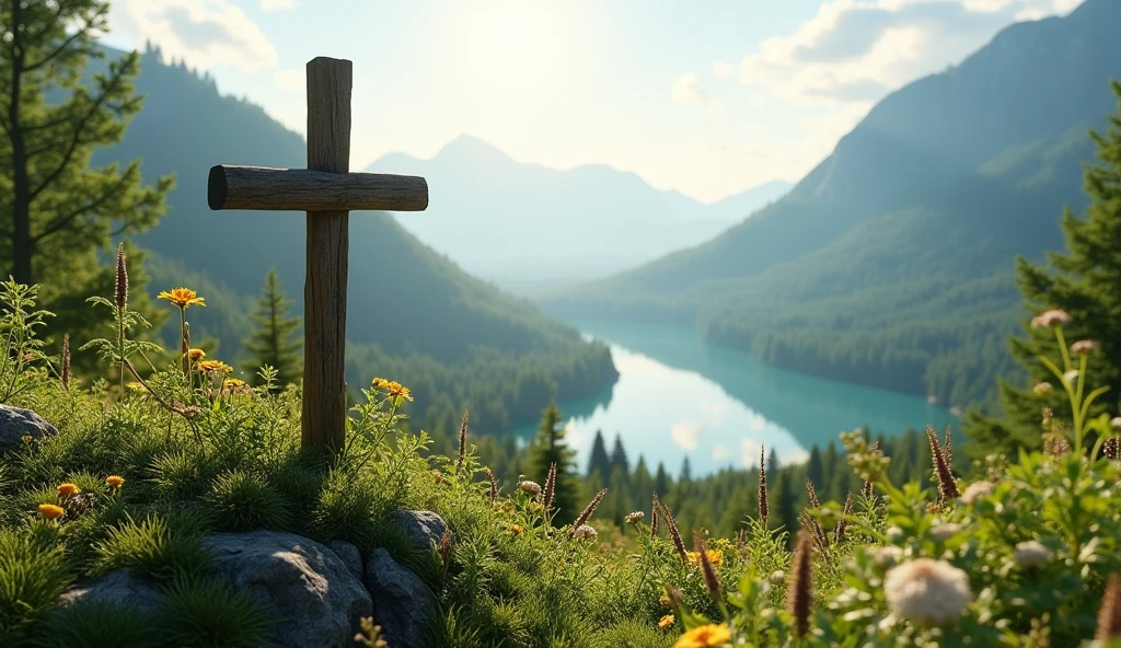 make image of plant geography romania mainly capital area, in the summer, with an idea of faith, add a wooden cross to all images, high environments with a beautiful lake. 

