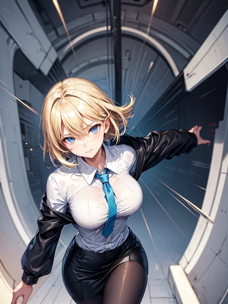 Anime style, super fine illustration, highly detailed, beautiful detailed, perfect detailed, super high quality image, static representation, gentle expression, happy expression, the pretty image, super stylish, 8k, beautiful face, handsome face, perfect 1girl with blonde straight short hair & blue eyes & a bright smile & full bust & soft fair skin is a career woman supervisor who is not to show her skin wearing big light blue business shirt & black summer tailored jacket & black tight skirt & black pantyhose on the urban business buildings street, in the morning, solo, perfect fingers, no more fingers, no less fingers, perfect arms, no more arms, perfect legs, no more legs, no more hair, masterpiece.