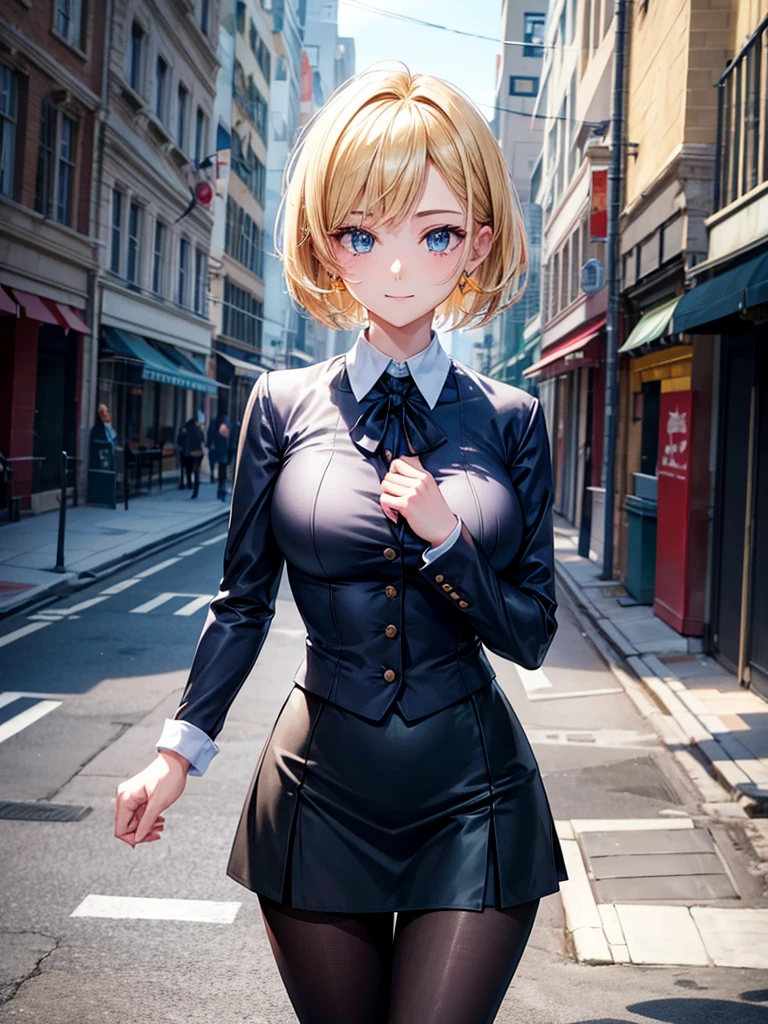 Anime style, super fine illustration, highly detailed, beautiful detailed, perfect detailed, super high quality image, static representation, gentle expression, happy expression, the pretty image, super stylish, 8k, beautiful face, handsome face, perfect 1girl with blonde straight short hair & blue eyes & a bright smile & full bust & soft fair skin is a career woman supervisor who is not to show her skin wearing big light blue business shirt & black summer tailored jacket & black tight skirt & black pantyhose on the urban business buildings street, in the morning, solo, perfect fingers, no more fingers, no less fingers, perfect arms, no more arms, perfect legs, no more legs, no more hair, masterpiece.